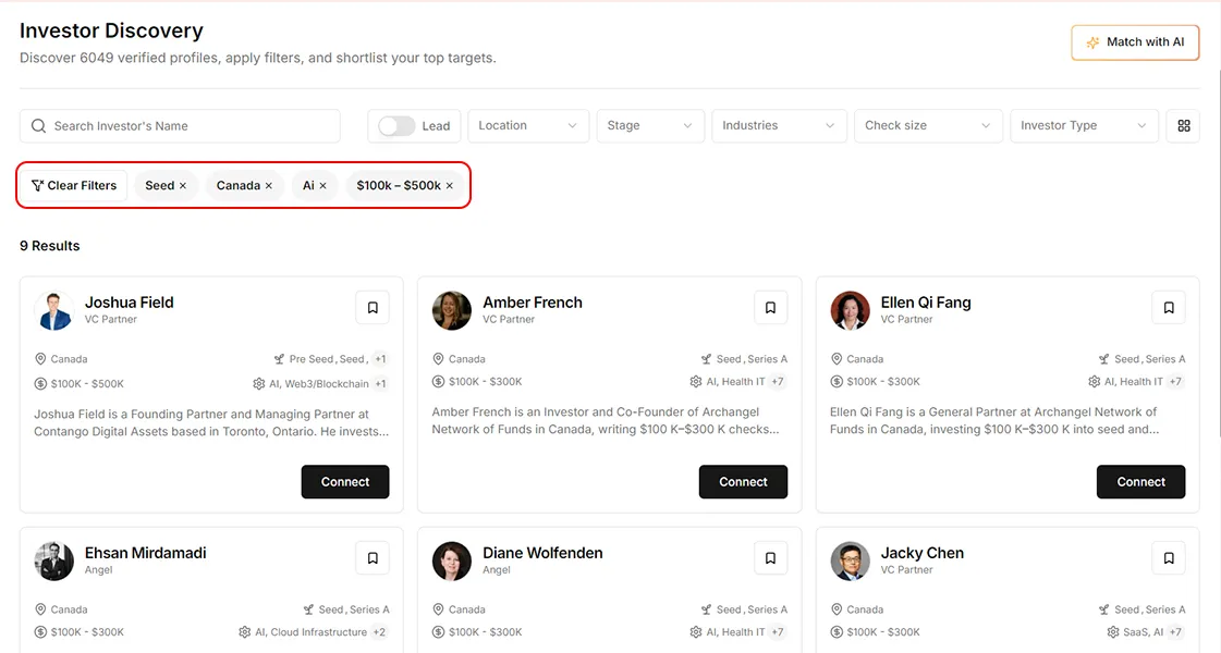 Investor Discovery filters